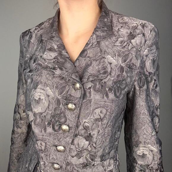 Silver floral print button up blazer jacket formal asymetrical eu 40 / us small - Picture 3 of 8